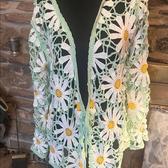 POL Sweaters - POL Mint and White Daisy Crochet Cardigan